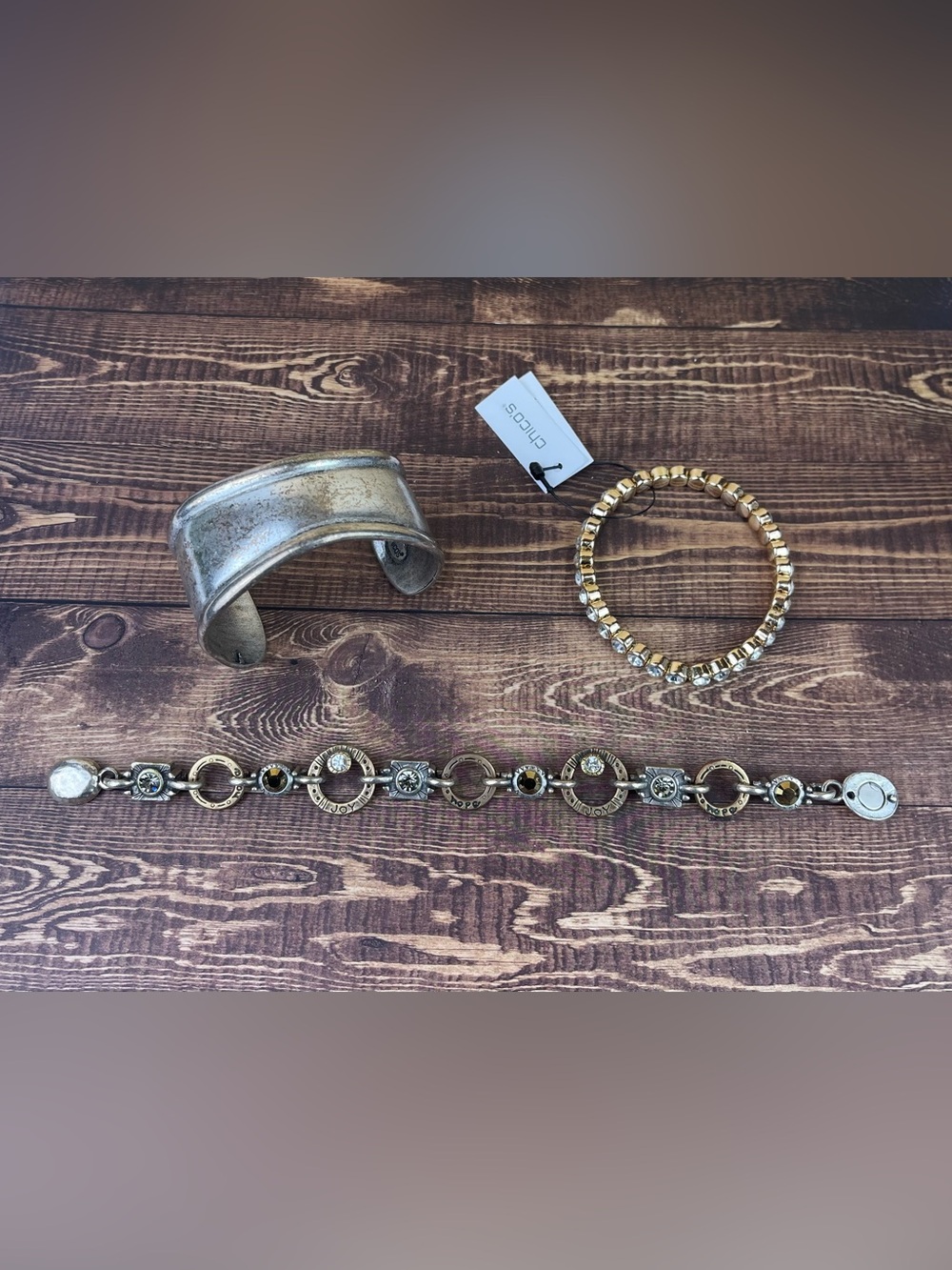 Chico’s Bracelet Bundle: Joy & Hope Engraved Link, Silver Cuff, & Rhinestone